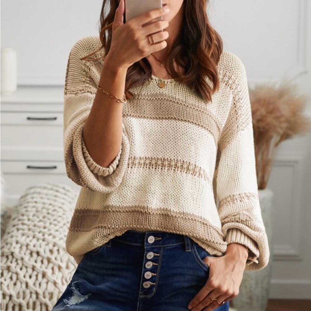 The Shades Of Neutrals Color Block Long Sleeve Knit Sweater